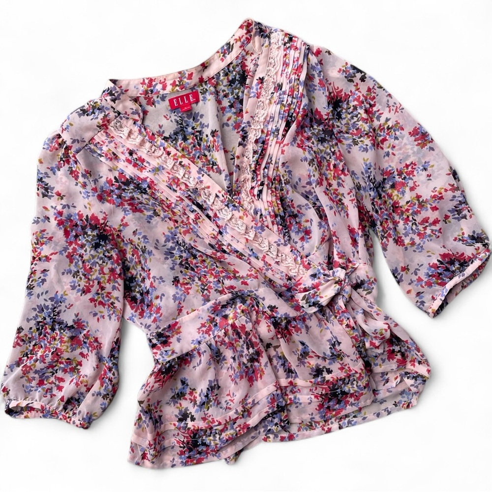 Elle pink floral faux wrap blouse - size L